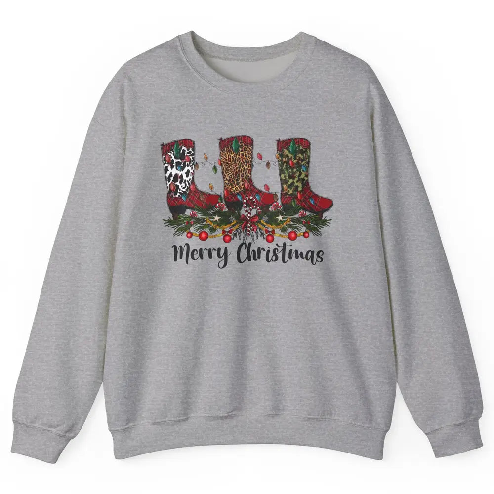Christmas Cowboy Boots Santa Boots Leopard Western Christmas Unisex Crewneck Sweatshirt