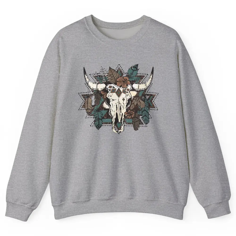 Retro Boho Bull Skull Aztec Desert Cactus Western Country Unisex Crewneck Sweatshirt