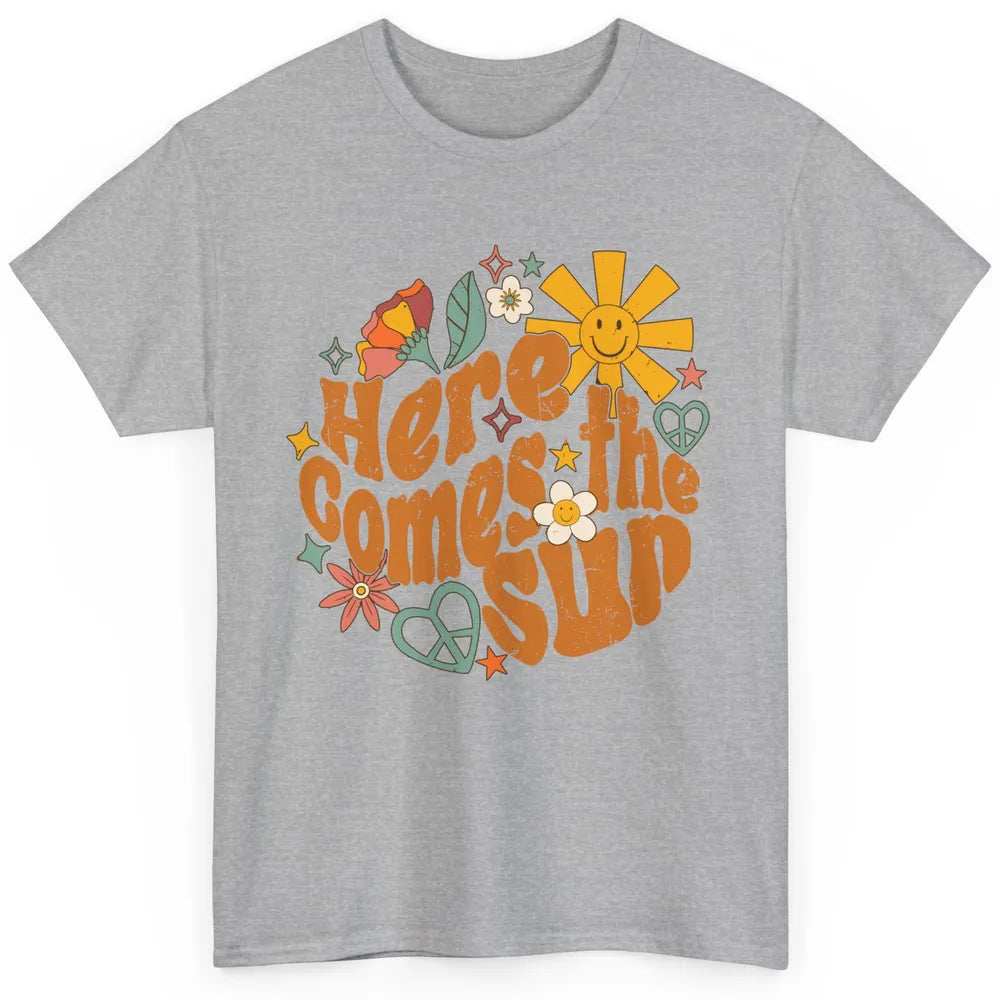 Retro Daisy Rainbow Sunrise Here Comes The Sun Hippie Girl Classic Unisex T-Shirt
