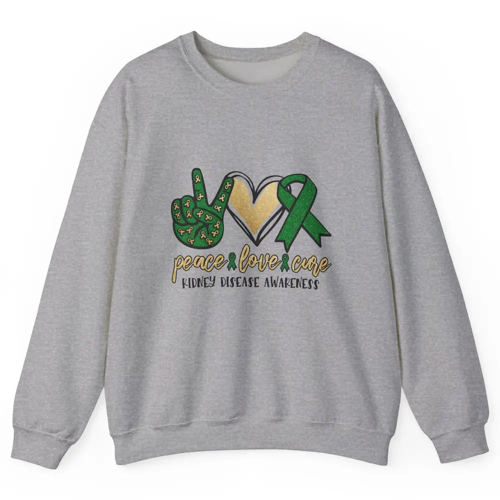 Peace Love Cure Kidney Disease Awareness Green Ribbon Heart Unisex Crewneck Sweatshirt