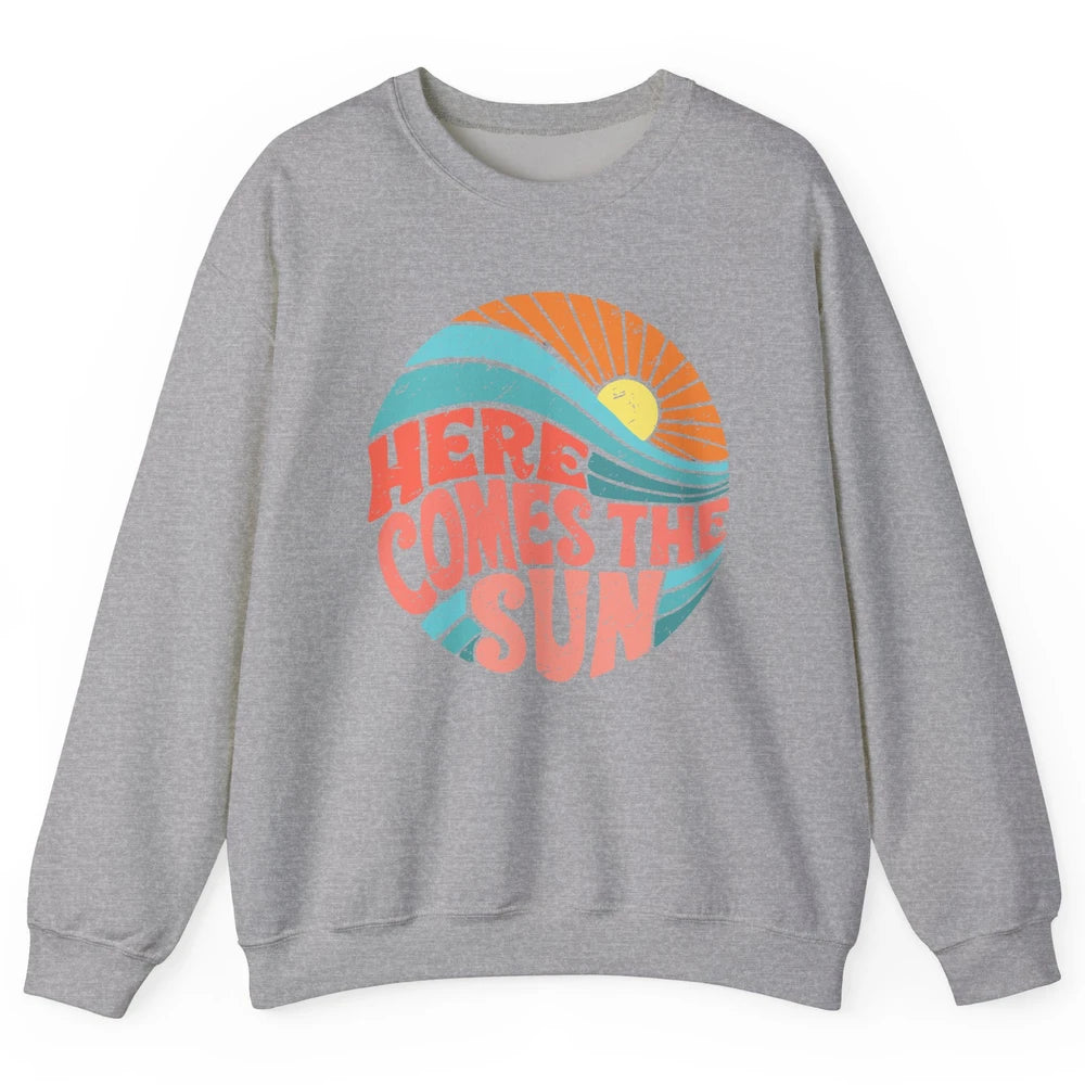 Retro Rainbow Sunrise Here Comes The Sun Hippie Girl Unisex Crewneck Sweatshirt