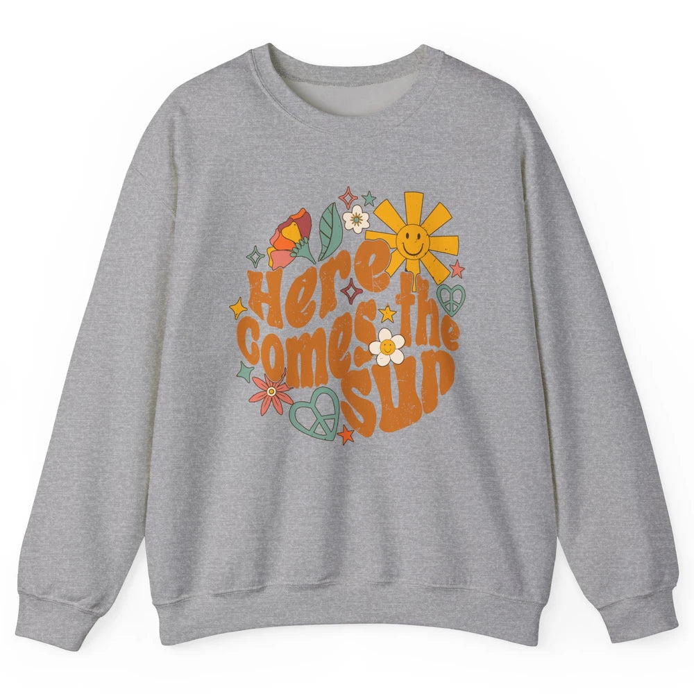 Retro Daisy Rainbow Sunrise Here Comes The Sun Hippie Girl Unisex Crewneck Sweatshirt