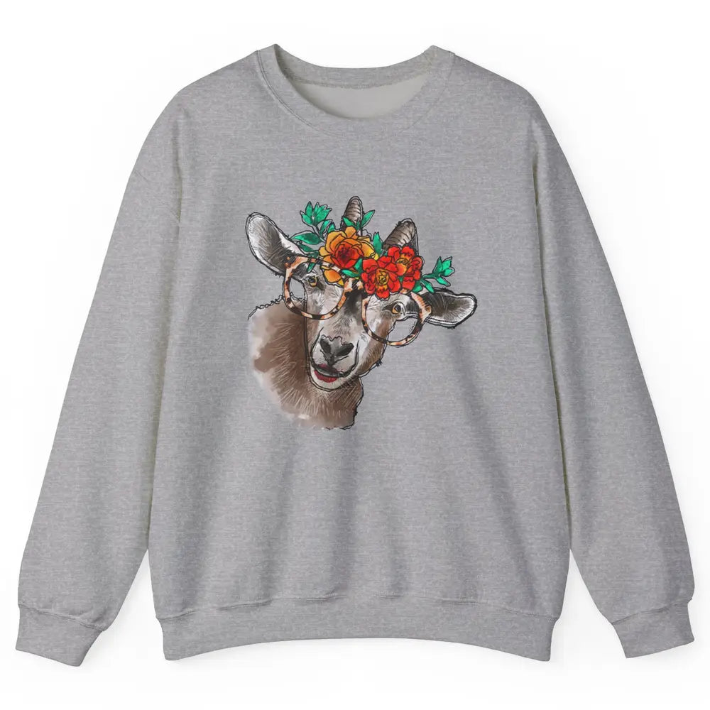 Retro Goat Glasses Flower Goat Girl Goat Lovers Gift Unisex Crewneck Sweatshirt