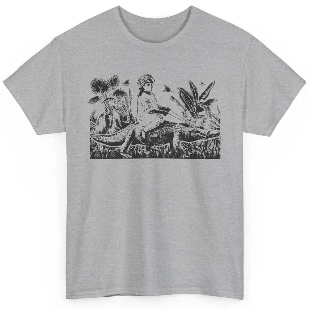 Retro Florida Tropical Land Girl Riding Alligator Summer Classic Unisex T-Shirt