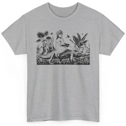 Retro Florida Tropical Land Girl Riding Alligator Summer Classic Unisex T-Shirt