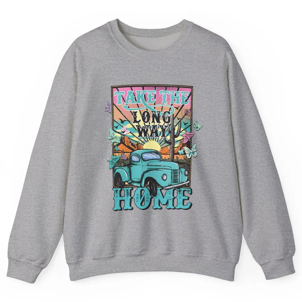 Retro Mountain Sunset Take The Long Way Home Western Country Unisex Crewneck Sweatshirt