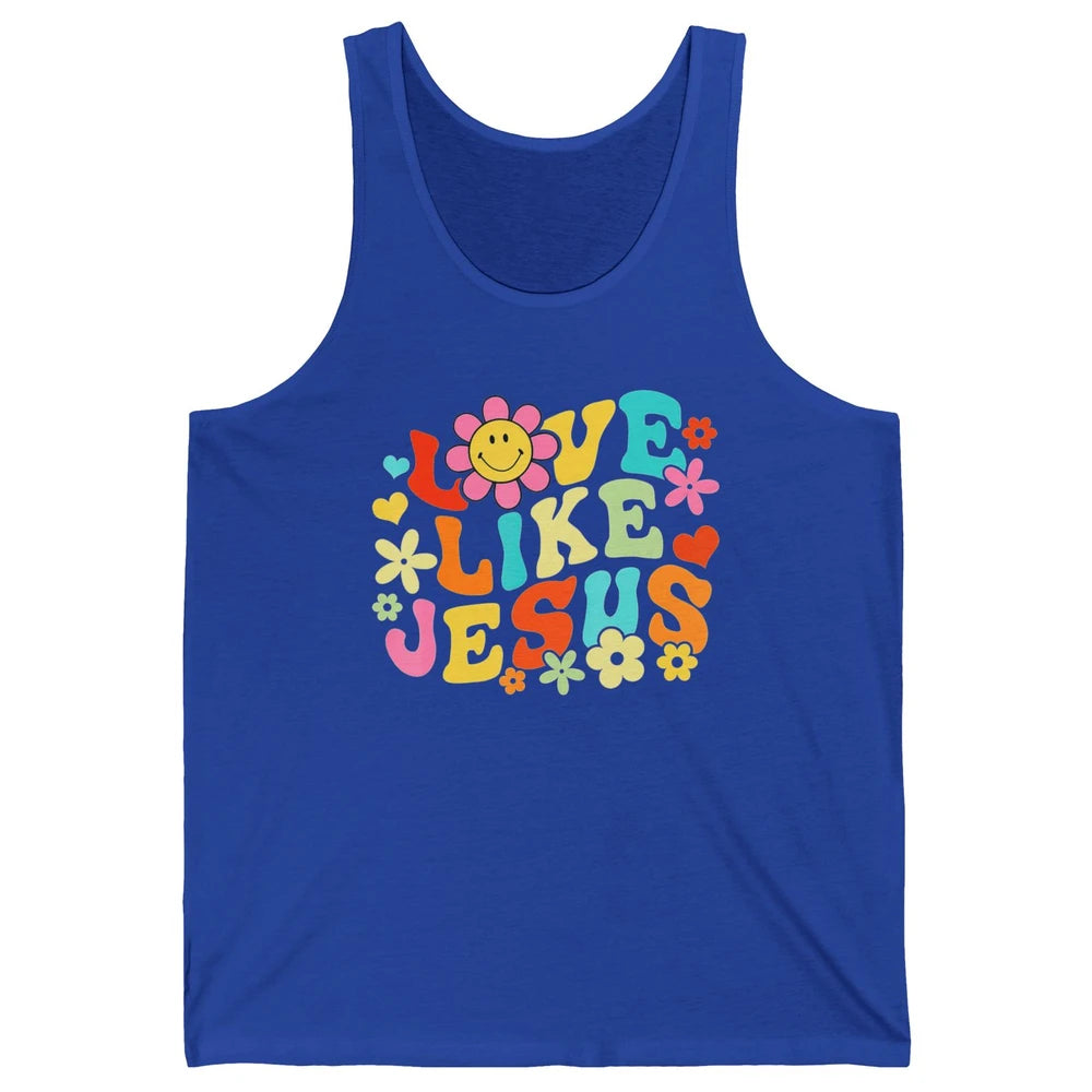 Retro Groovy Love Like Jesus Smiling Face Daisy Boho God Unisex Jersey Tank