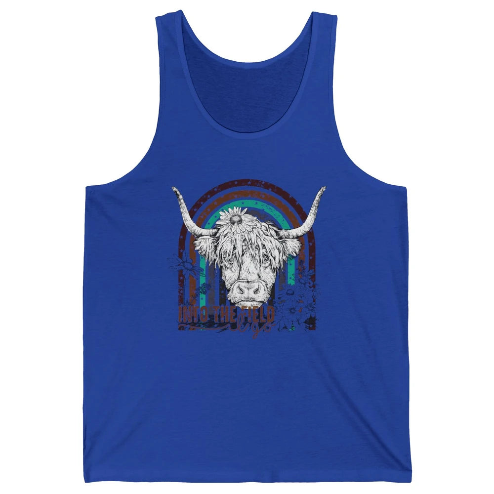 Retro Highland Cow Western Rainbow Into The Field I Go Unisex Jersey Tank