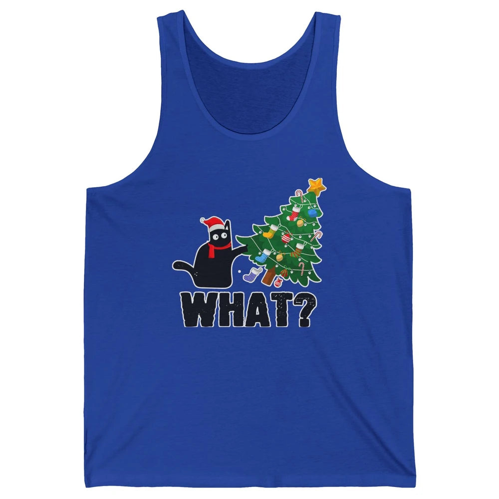 Black Cat Pushing Christmas Tree What Xmas Lights Santa Hat Unisex Jersey Tank