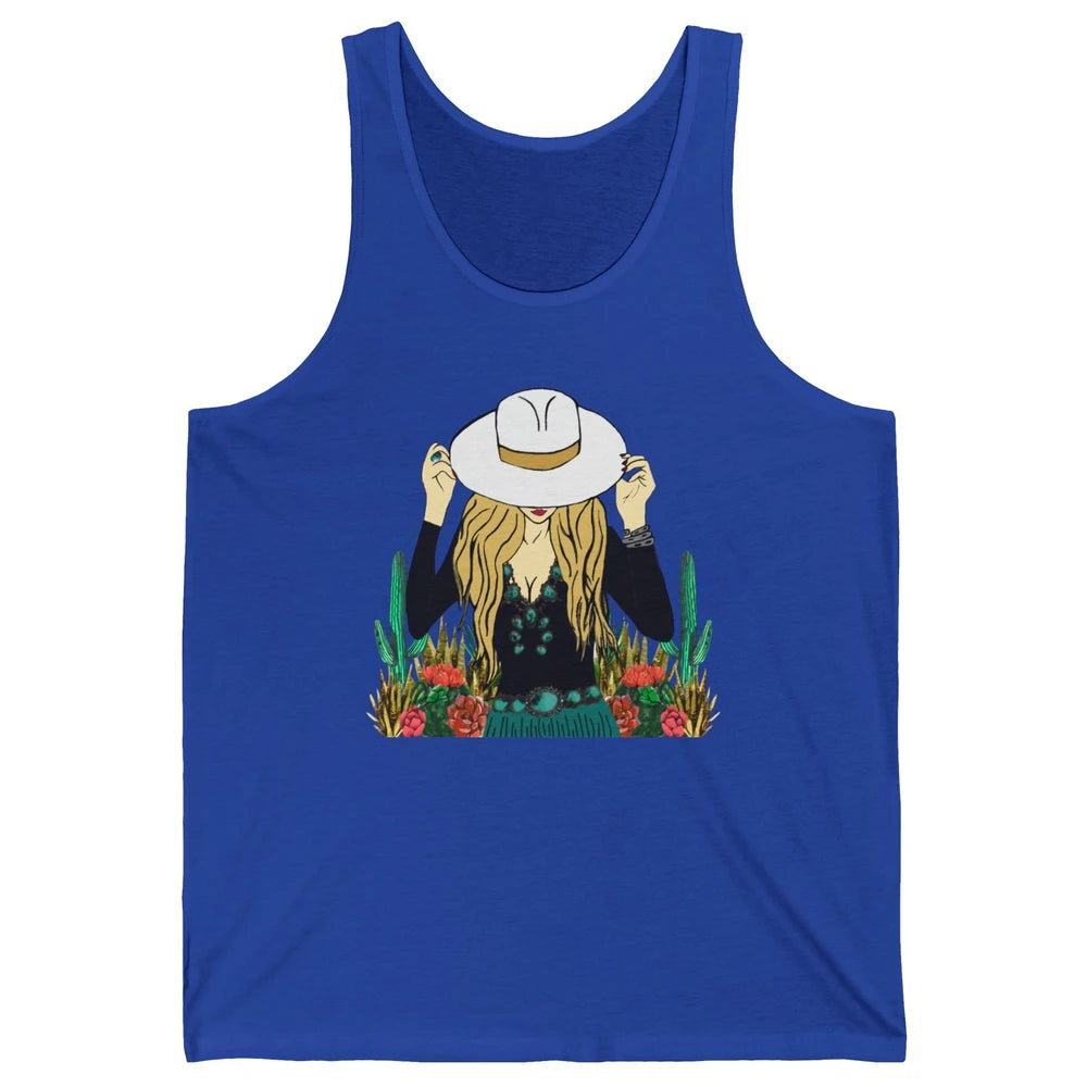 Retro Blonde Cowgirl Punchy Cowhide Turquoise Western Cowboy Unisex Jersey Tank
