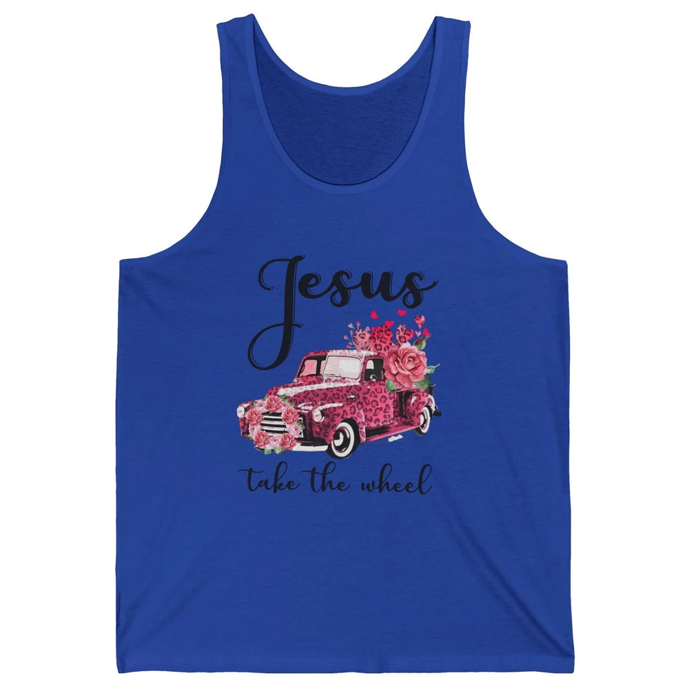 Christian Girl Jesus Take The Wheel Leopard Car and Roses Unisex Jersey Tank