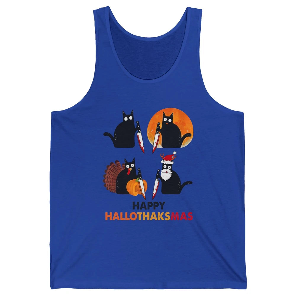 Funny Murderous Cat Turkey Hallo-thank-mas Thanksgiving Xmas Unisex Jersey Tank