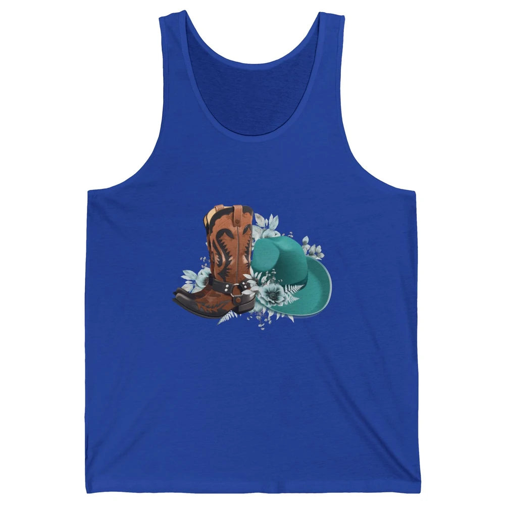 Retro Cowgirl Floral Turquoise Cowboy Boots Rodeo Western Unisex Jersey Tank