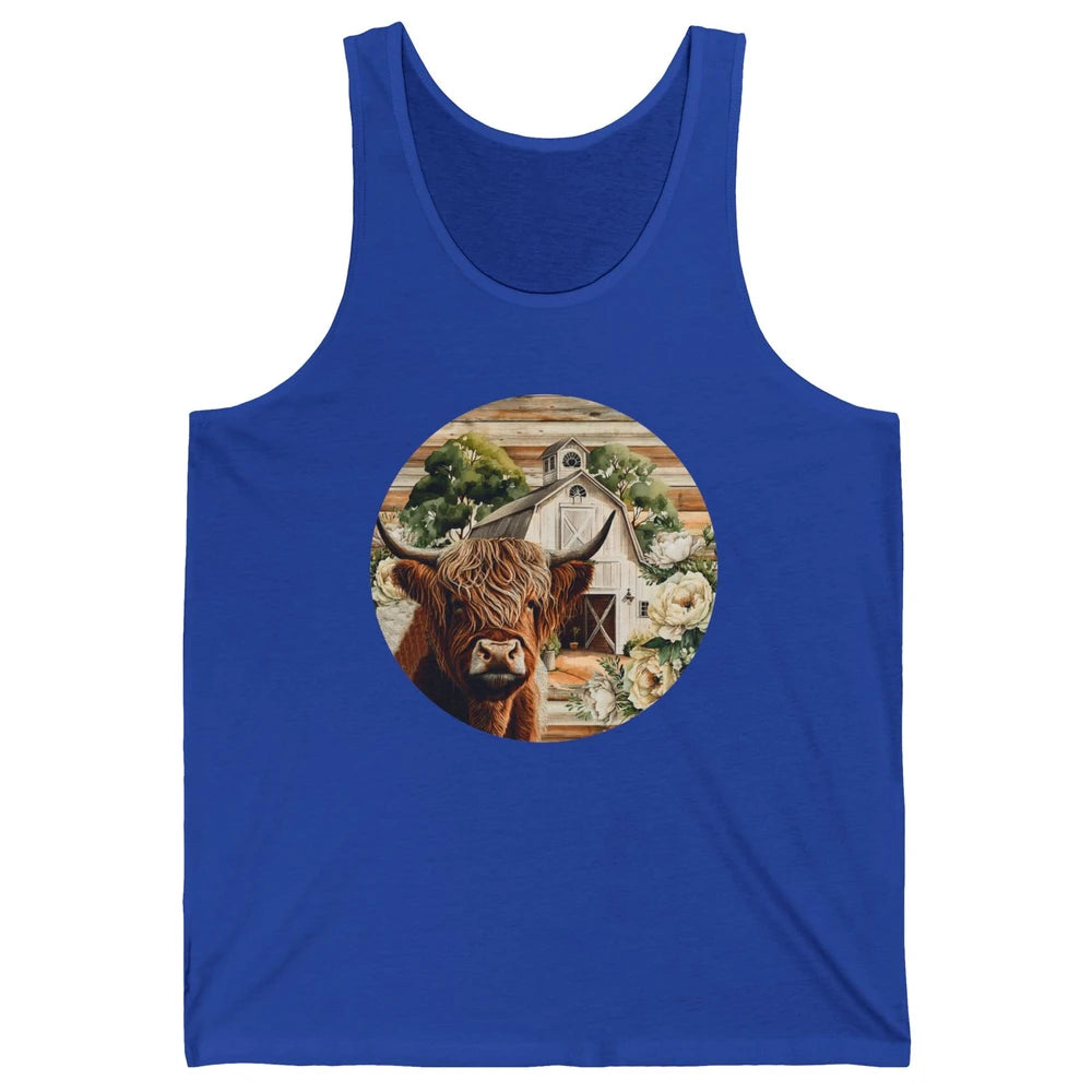 Retro Farm Highland Cow Barn House Western Country Farmer Unisex Jersey Tank