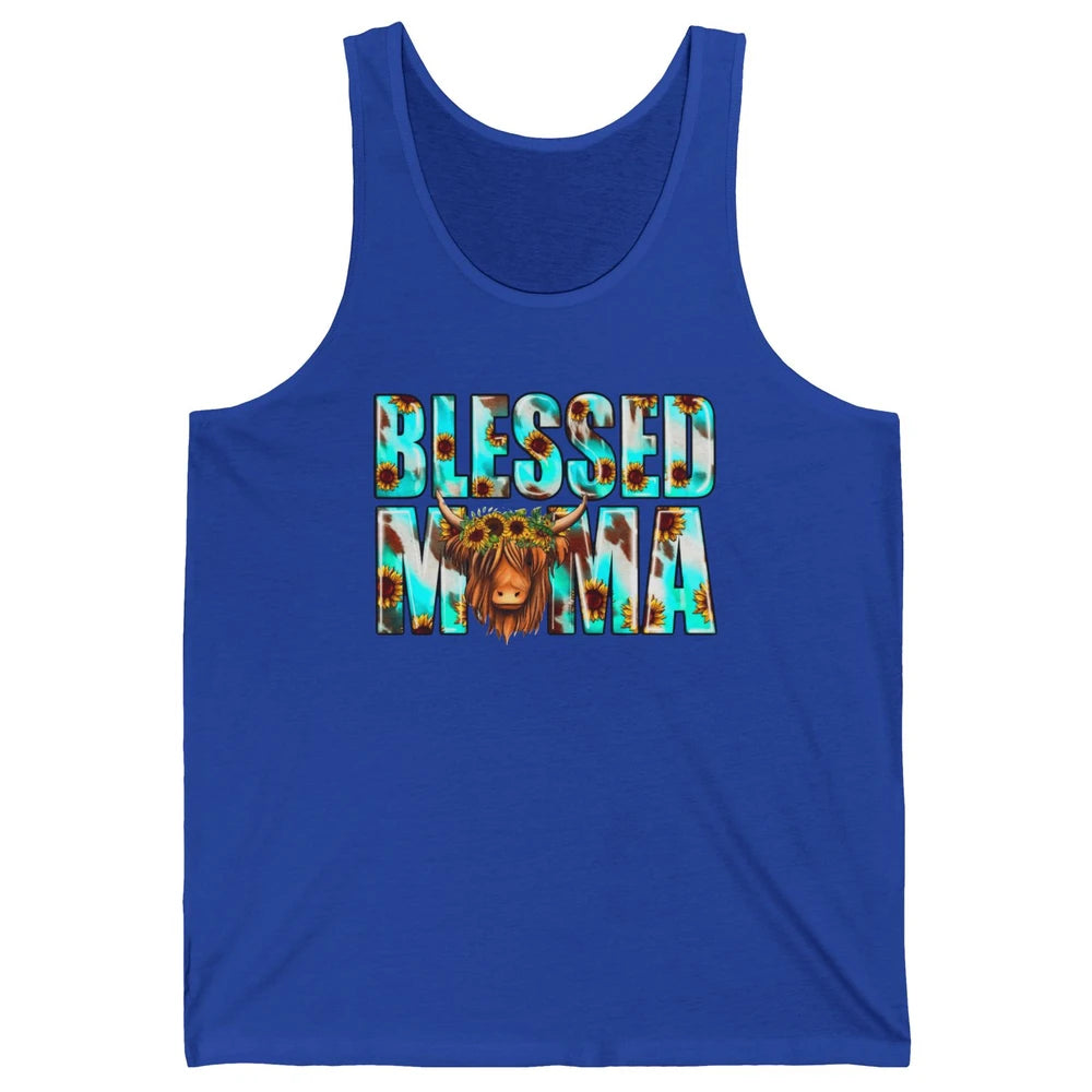 Retro Sunflower Highland Cow Blessed Mama Western Cow Mama Unisex Jersey Tank