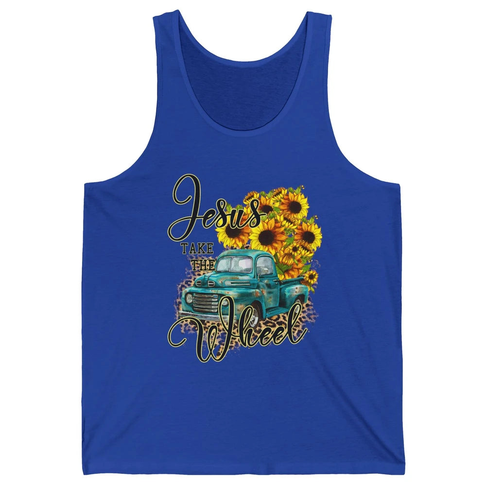 Sunflower Jesus Take The Wheel Christian Gift Leopard Print Unisex Jersey Tank