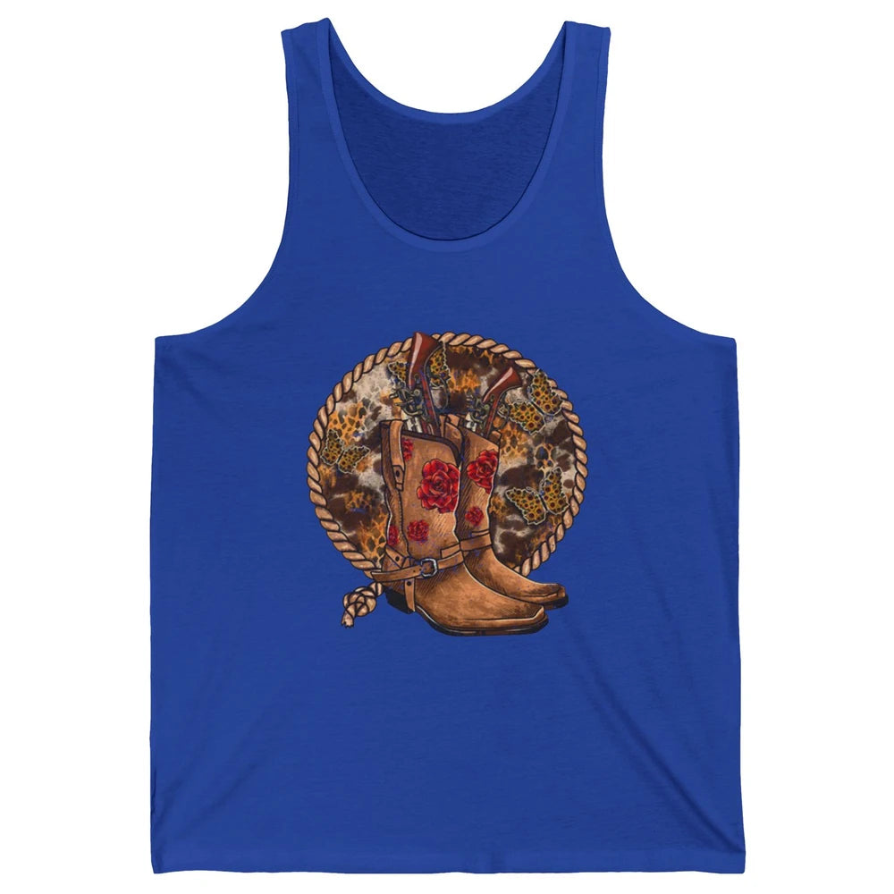 Retro Leopard Cowgirl Boots Sunflower Rodeo Western Country Unisex Jersey Tank