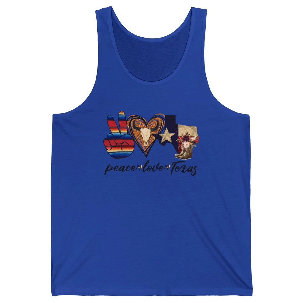 Retro Peace Love Texas Cowboy Boots Western Country Cowgirl Unisex Jersey Tank