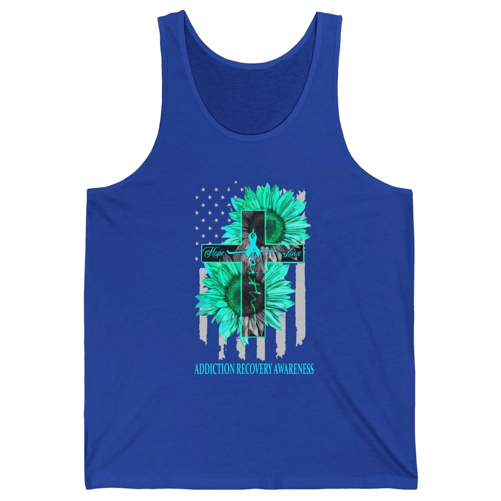 Addiction Recovery Faith Hope Love Teal US Flag Jesus Cross Unisex Jersey Tank