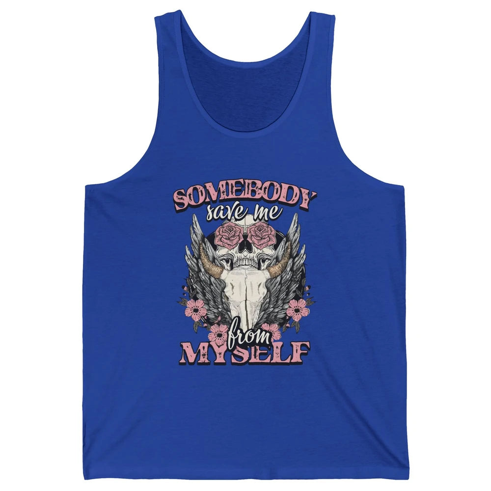 Retro Floral Bull Skull Somebody Save Me From Myself Western Unisex Jersey Tank