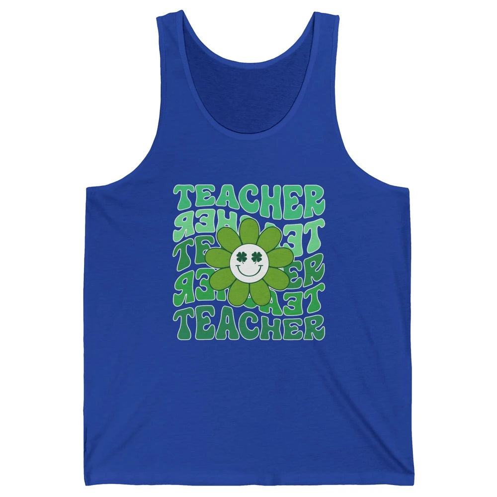 Retro Groovy Wavy Teacher Smiling Face Daisy St Patricks Day Unisex Jersey Tank