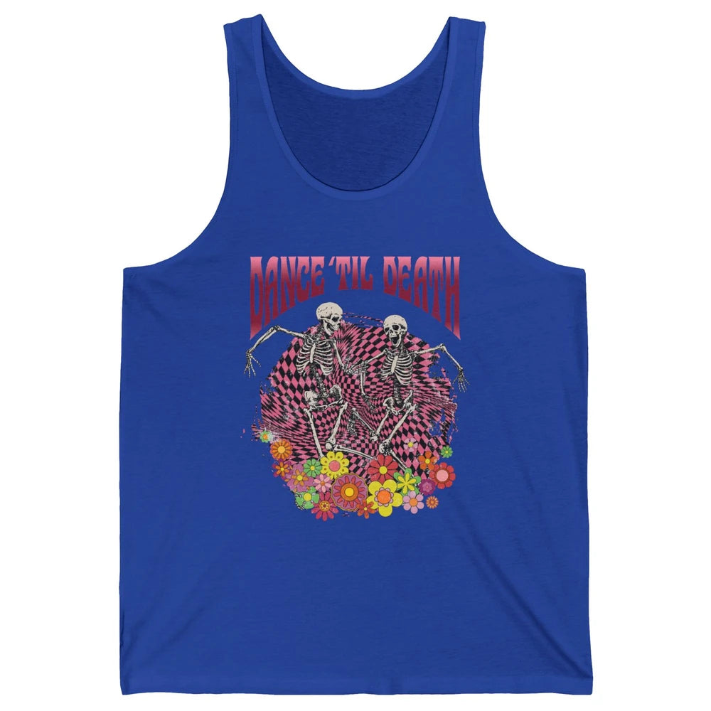 Retro Dancing Skeletons Dance Til Death Groovy Daisy Floral Unisex Jersey Tank