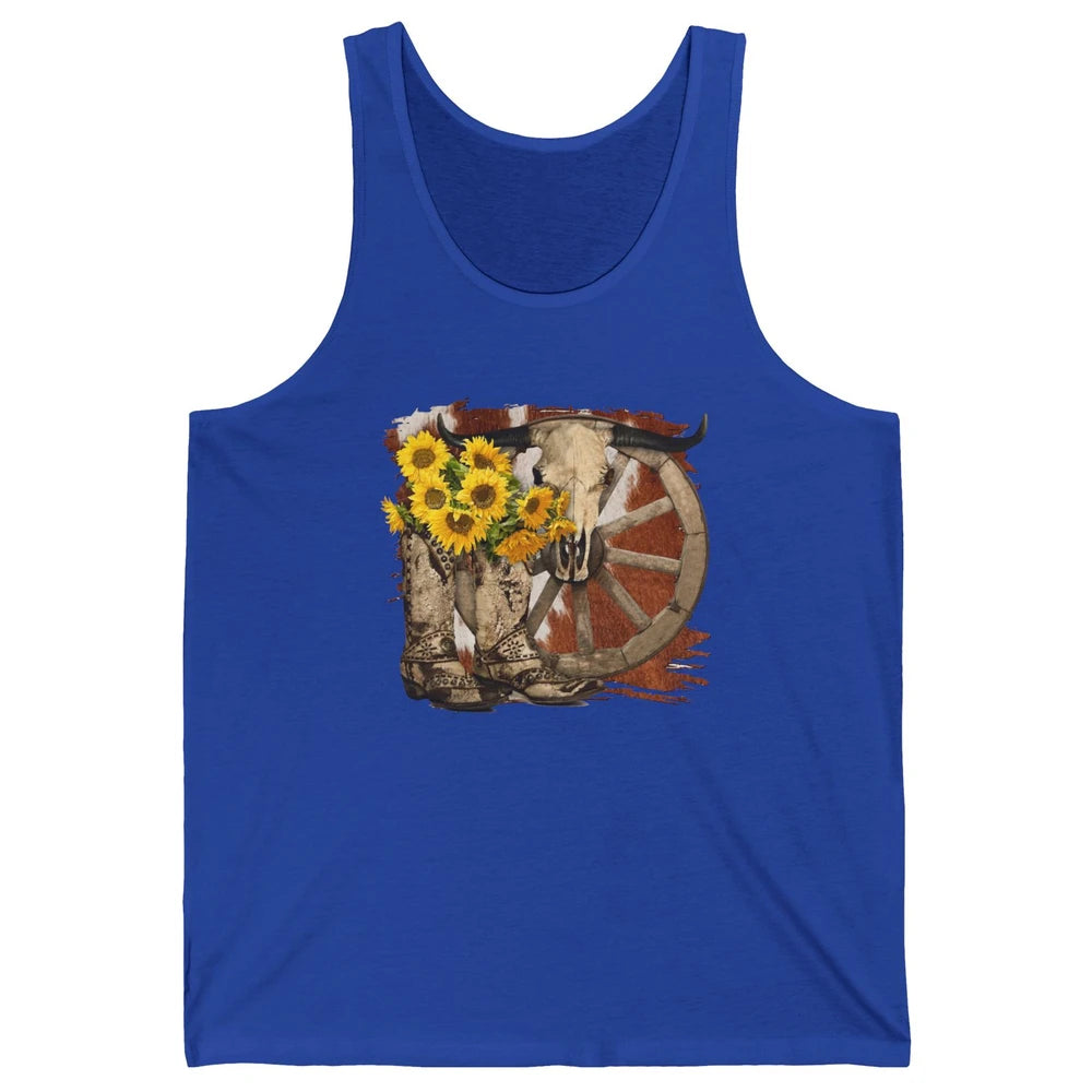Retro Sunflower Cowgirl Boots Cow Skull Western Country Girl Unisex Jersey Tank