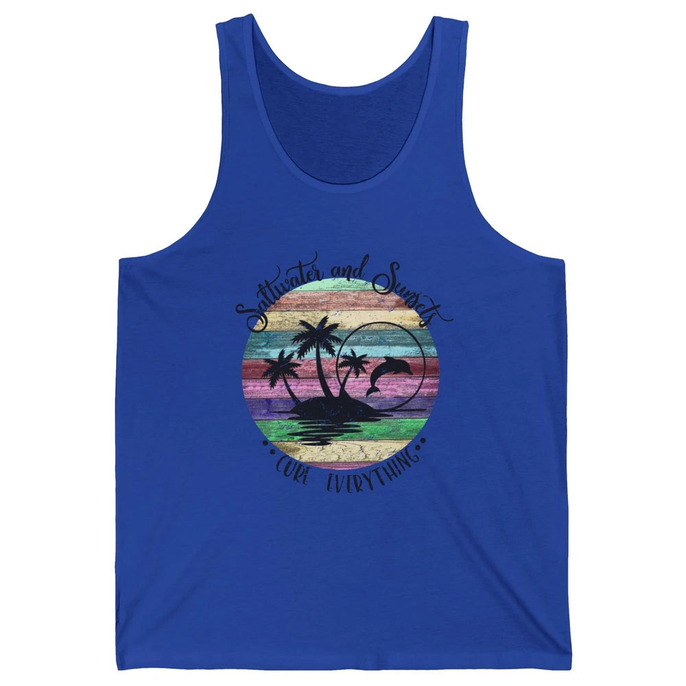 Retro Beach Sunset Saltwater and Sunsets Cure Everything Unisex Jersey Tank