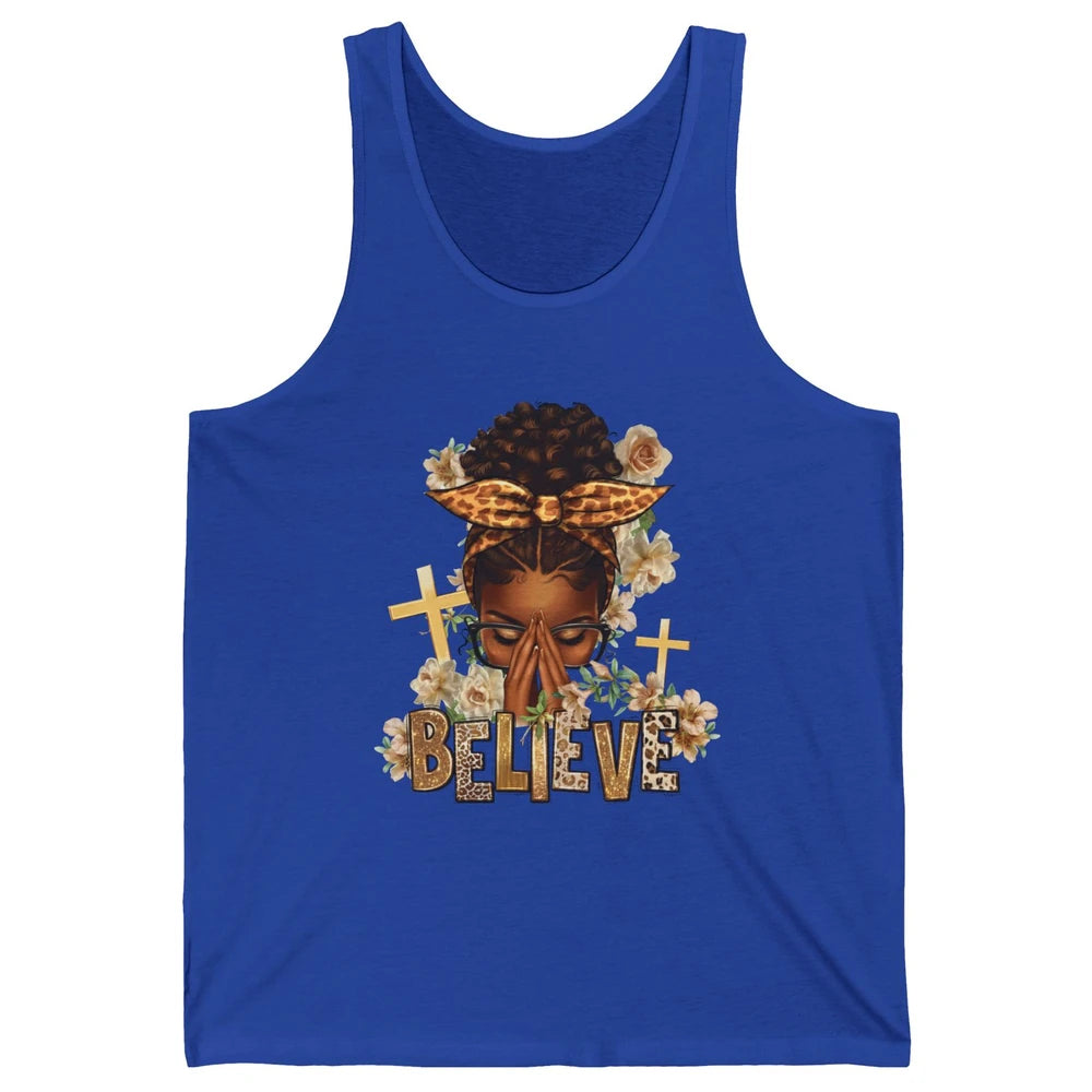 Floral Leopard Afro Messy Bun Believe Christian Religious Unisex Jersey Tank