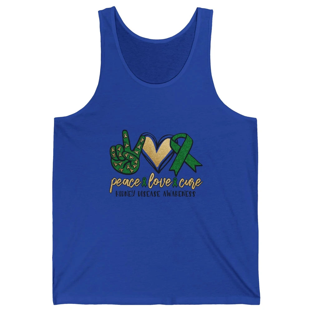 Peace Love Cure Kidney Disease Awareness Green Ribbon Heart Unisex Jersey Tank