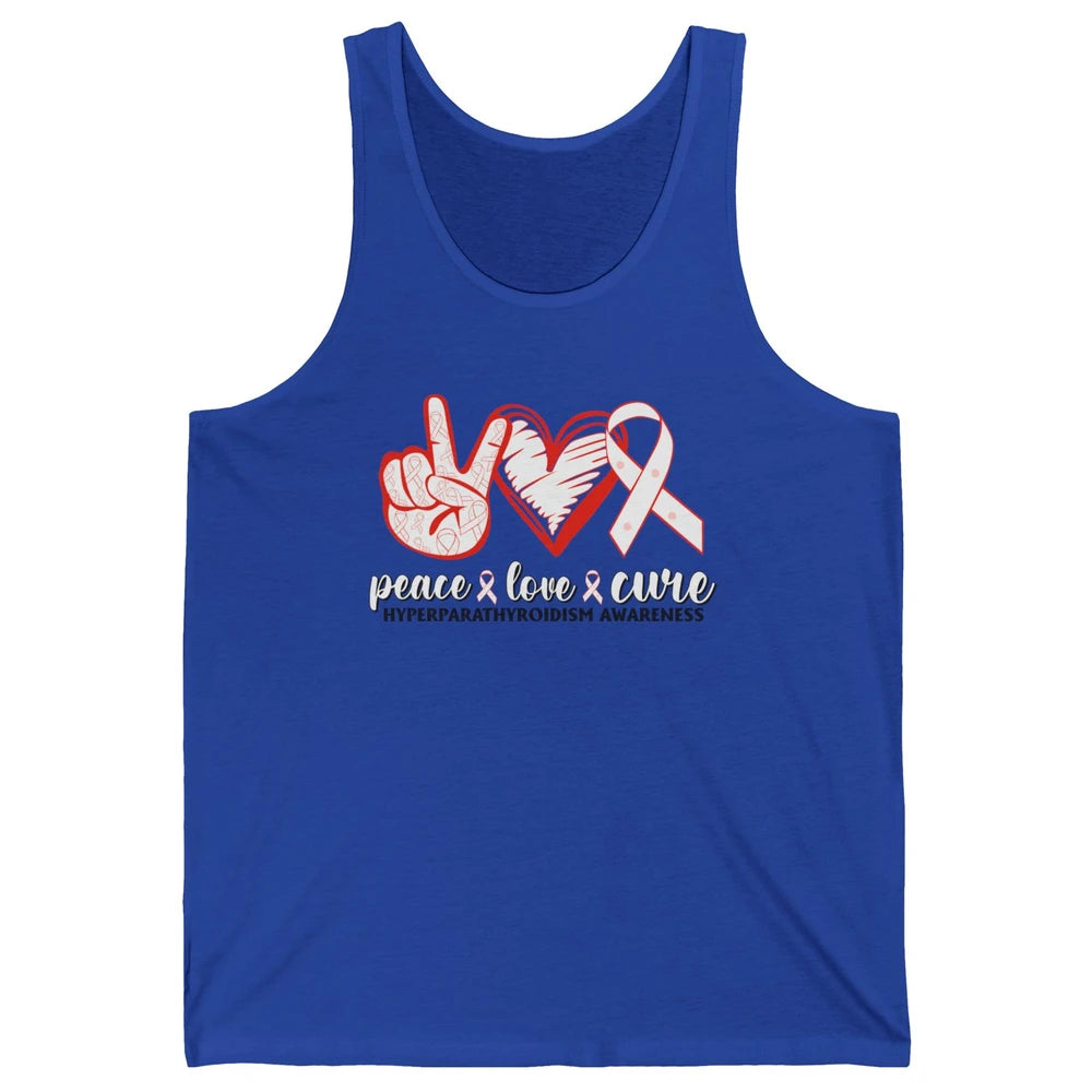 Hyperparathyroidism Awareness Red Ribbon Peace Love Cure Unisex Jersey Tank