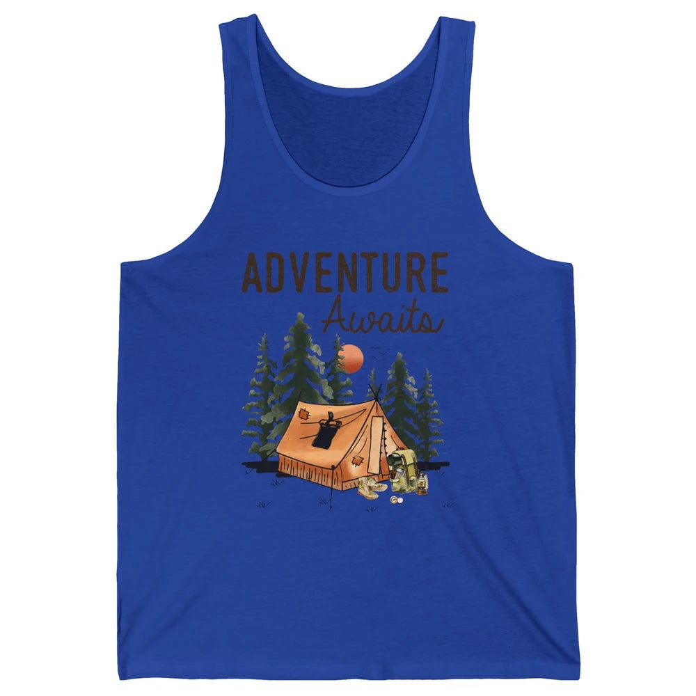 Retro Camping Tent Mountain Sunset Adventure Awaits Campers Unisex Jersey Tank
