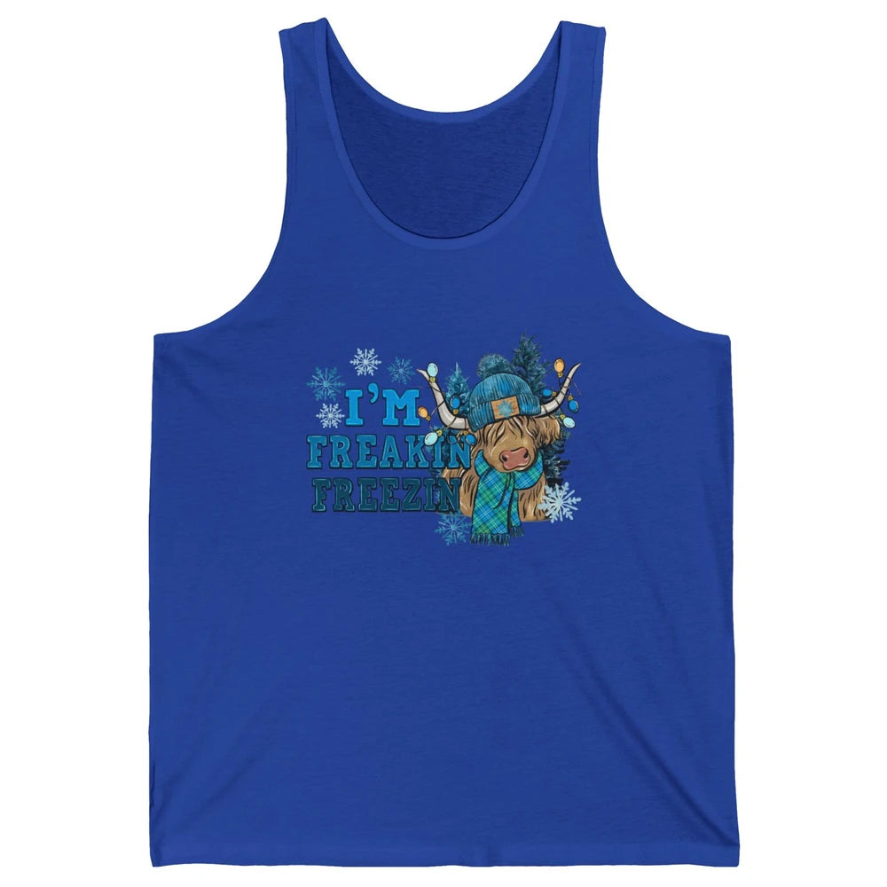 Funny Christmas Highland Cow I'm Freaking Freezing Western Unisex Jersey Tank