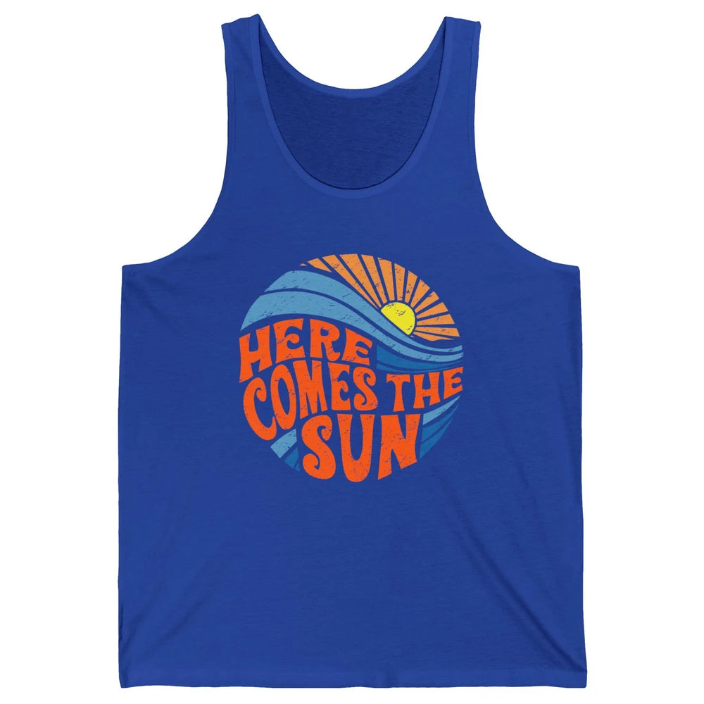 Retro Rainbow Sunrise Here Comes The Sun Hippie Girl Unisex Jersey Tank