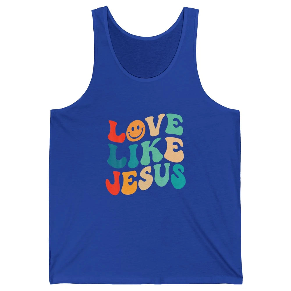Retro Groovy Love Like Jesus Smiling Face Christ Faith God Unisex Jersey Tank
