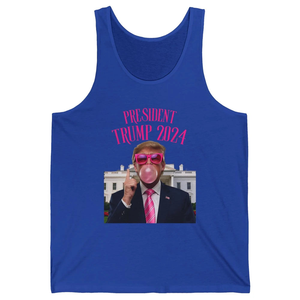 President Trump 2024 Blowing Bubble Gum Funny Trump Won Sarcastic Chewing Gum Pink Sunglasses Political Unisex Jersey Tank