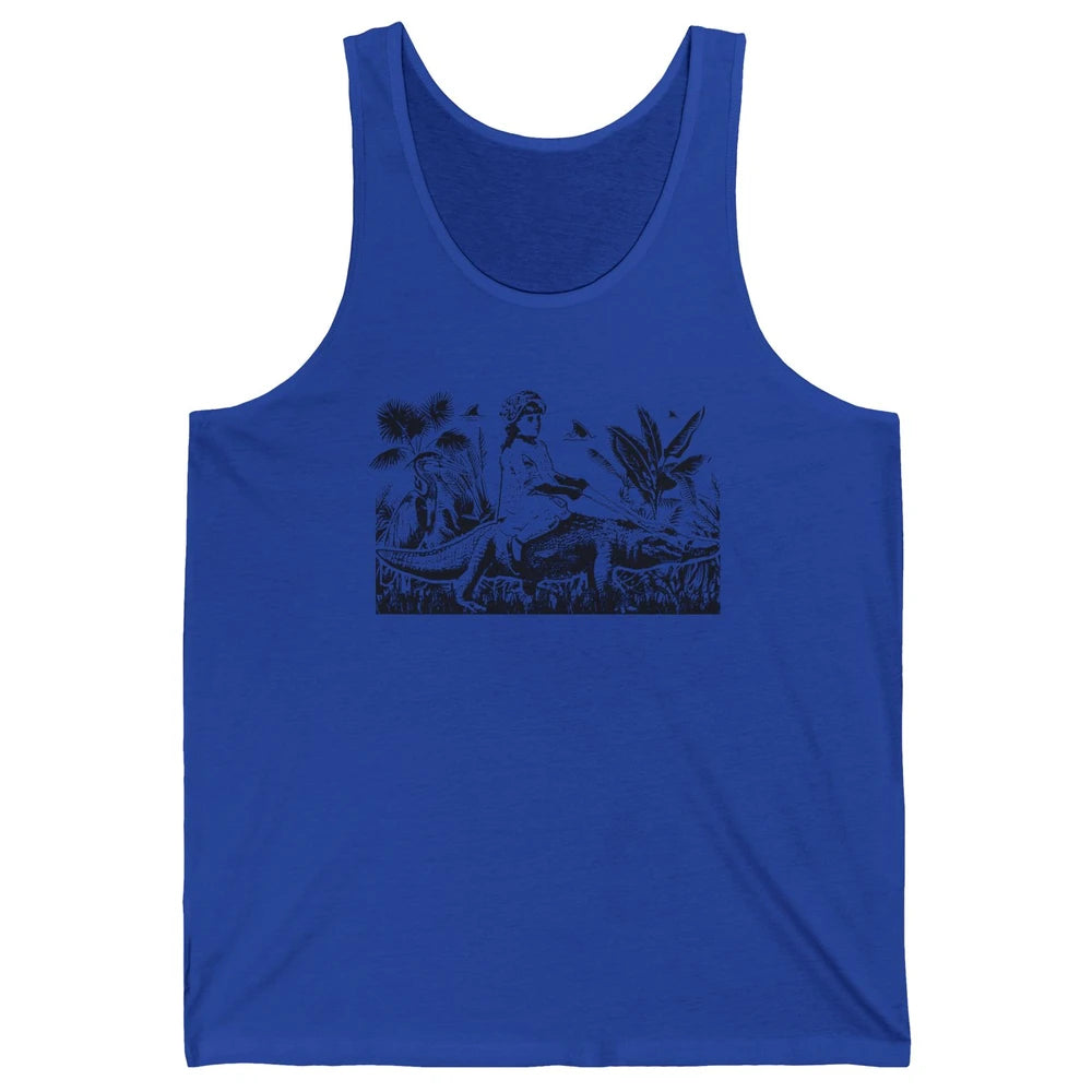 Retro Florida Tropical Land Girl Riding Alligator Summer Unisex Jersey Tank
