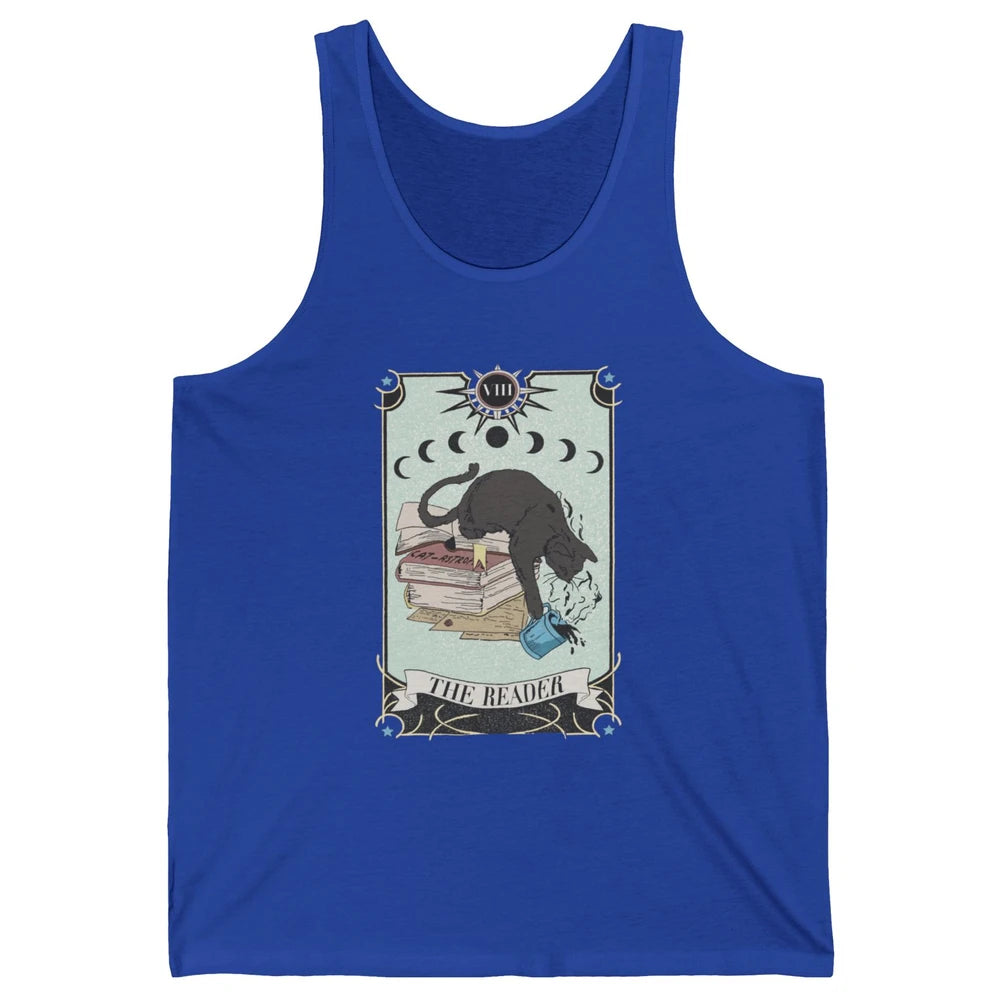Retro Black Cat Books The Reader Tarot Card Halloween Reading Book Crescent Moon Unisex Jersey Tank