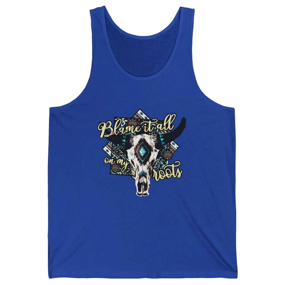Retro Boot Blame It All On My Root Cow Skull Western Cowboy Unisex Jersey Tank