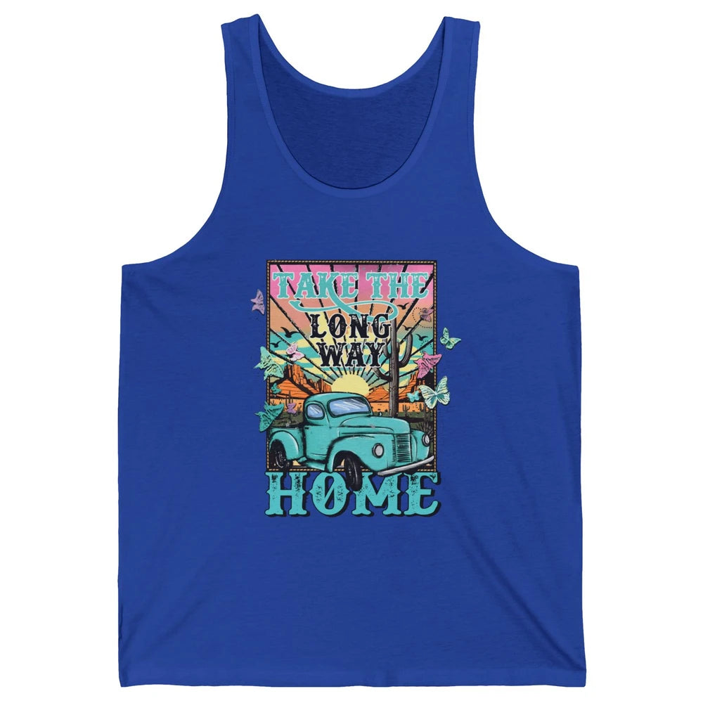 Retro Mountain Sunset Take The Long Way Home Western Country Unisex Jersey Tank