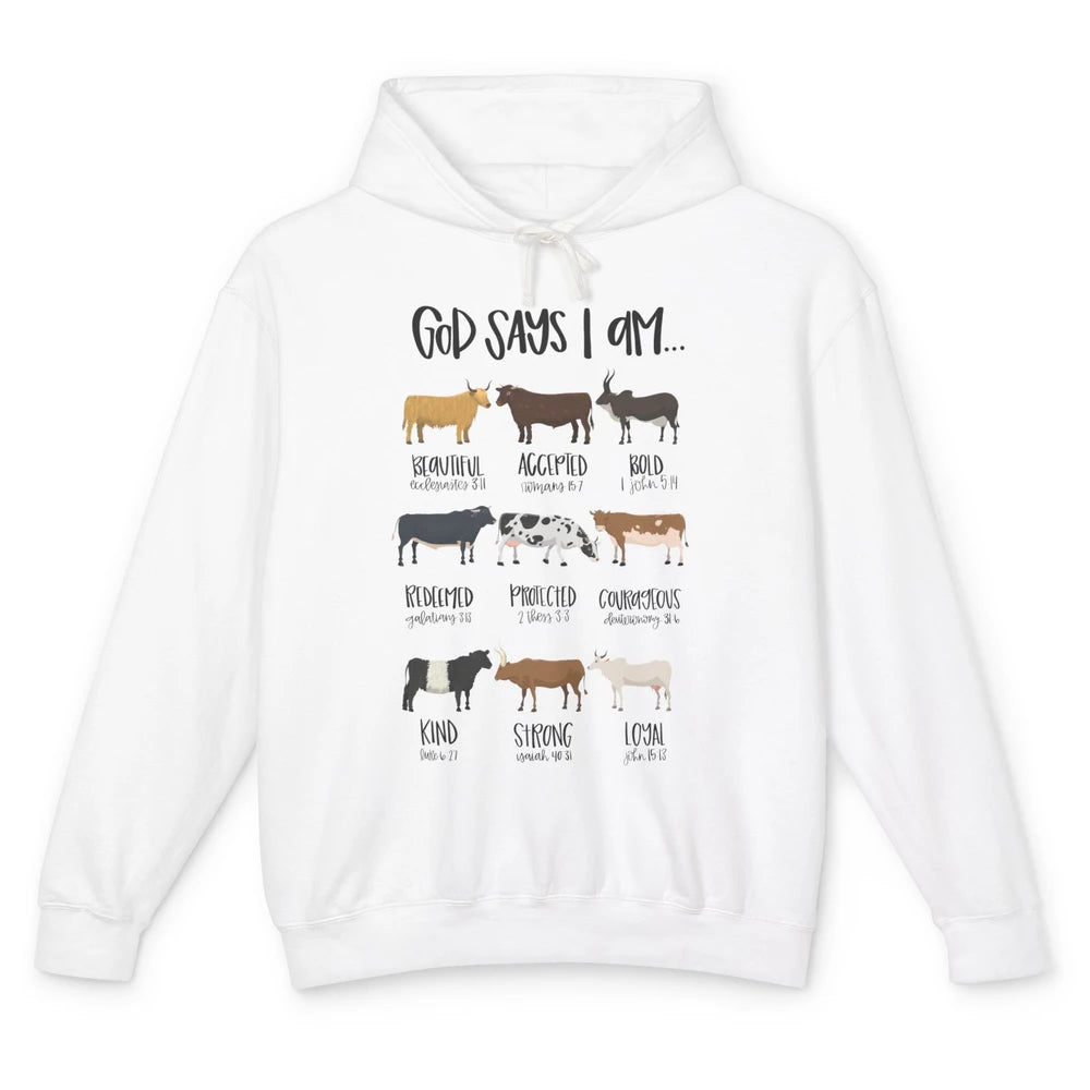 Retro Country Cows God Says I Am Bible Christian Western Unisex Lightweight Hoodie