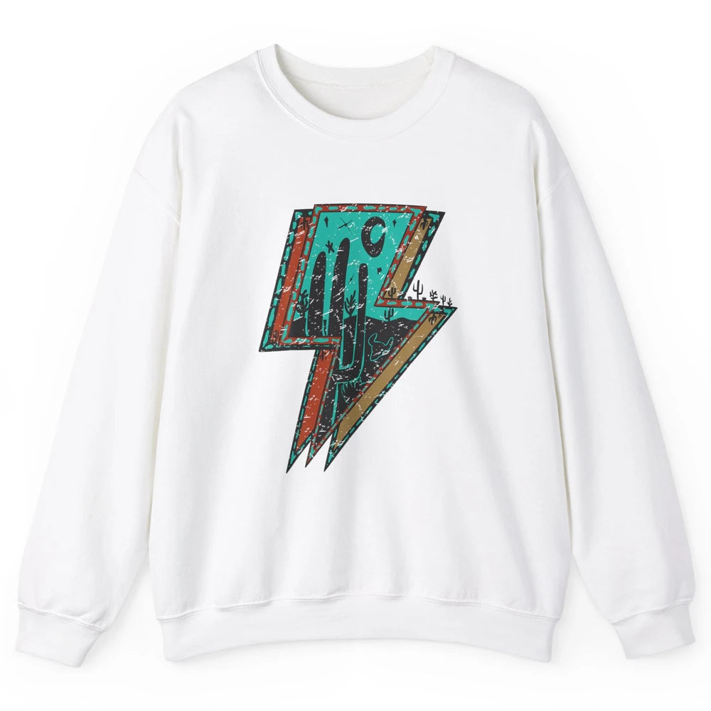 Retro Desert Cactus Night Turquoise Lightning Bolt Western Unisex Crewneck Sweatshirt