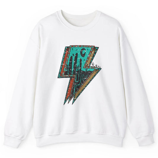 Retro Desert Cactus Night Turquoise Lightning Bolt Western Unisex Crewneck Sweatshirt