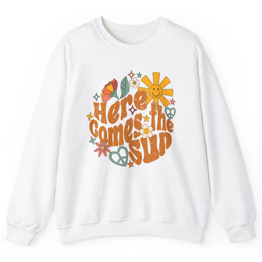 Retro Daisy Rainbow Sunrise Here Comes The Sun Hippie Girl Unisex Crewneck Sweatshirt