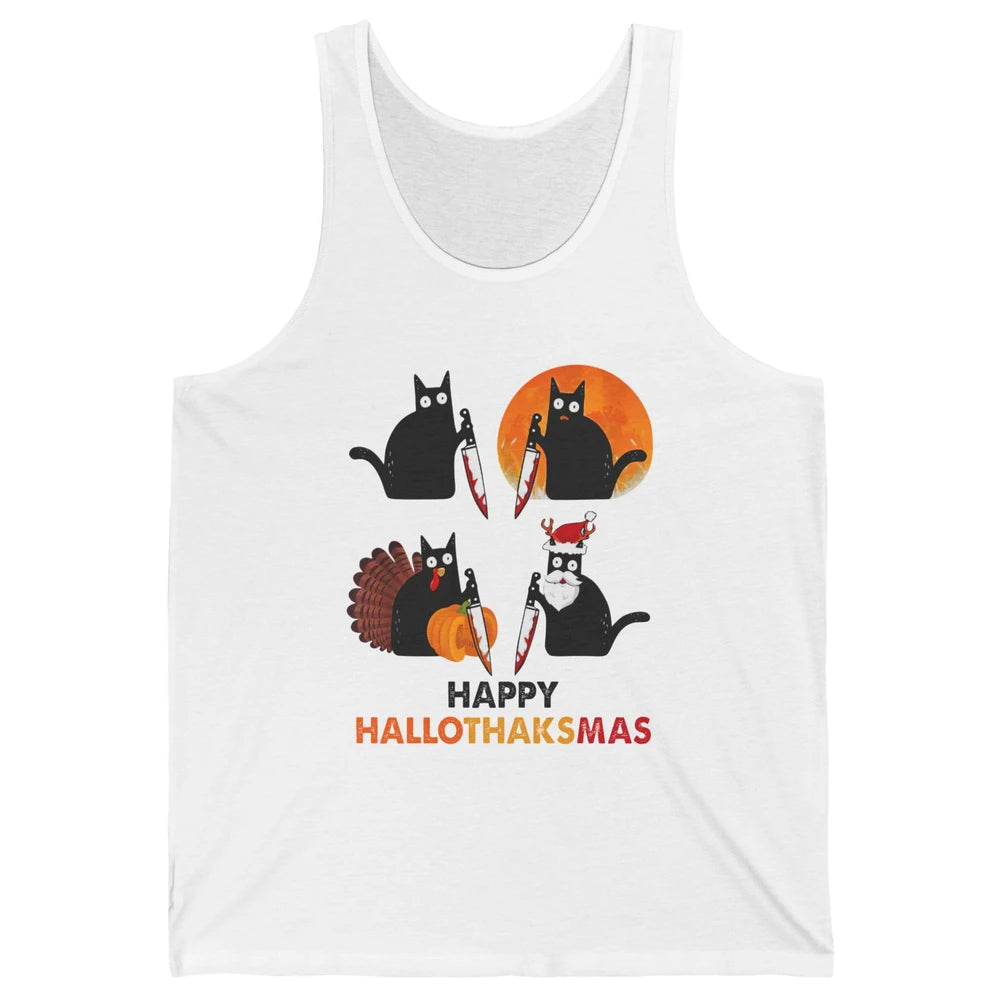 Funny Murderous Cat Turkey Hallo-thank-mas Thanksgiving Xmas Unisex Jersey Tank