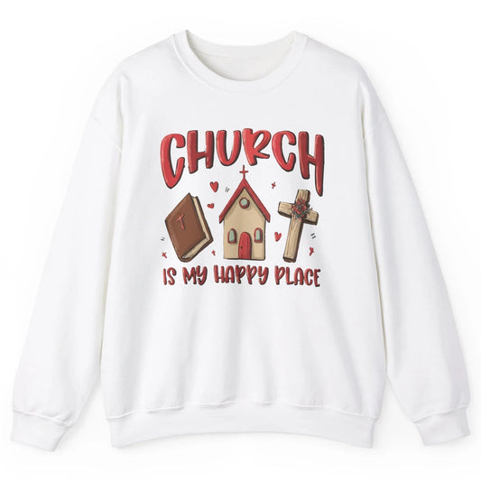 Retro Christmas Church Is My Happy Place Christian Hand Draw Unisex Crewneck Sweatshirt