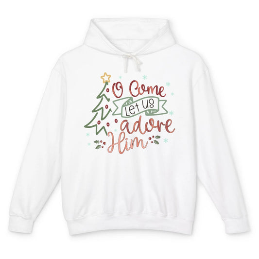 Retro Christmas Tree O Come Let Us Adore Him Christian Jesus Unisex Lightweight Hoodie