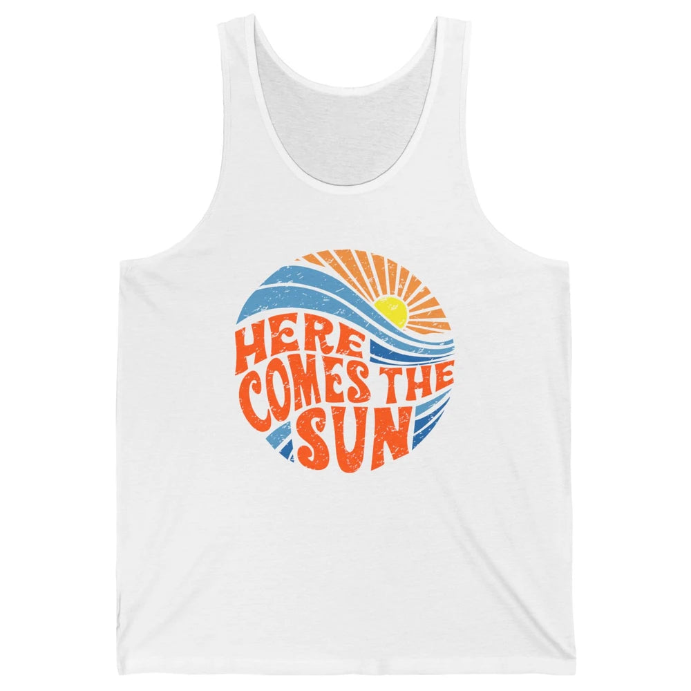 Retro Rainbow Sunrise Here Comes The Sun Hippie Girl Unisex Jersey Tank