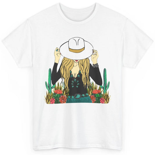 Retro Blonde Cowgirl Punchy Cowhide Turquoise Western Cowboy Classic Unisex T-Shirt