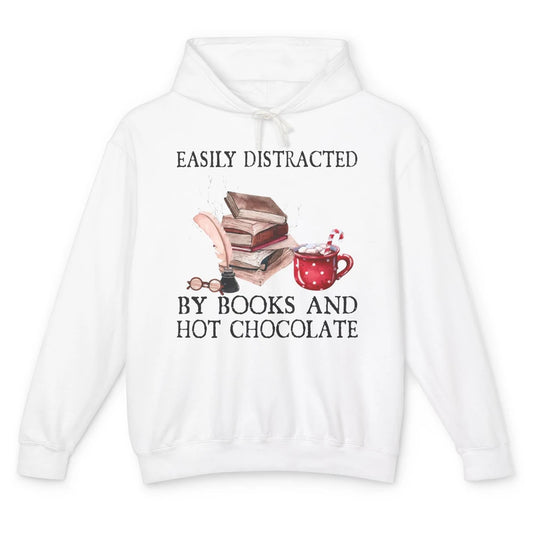 Retro Easily Distracted By Books And Hot Chocolate Christmas Unisex Lightweight Hoodie